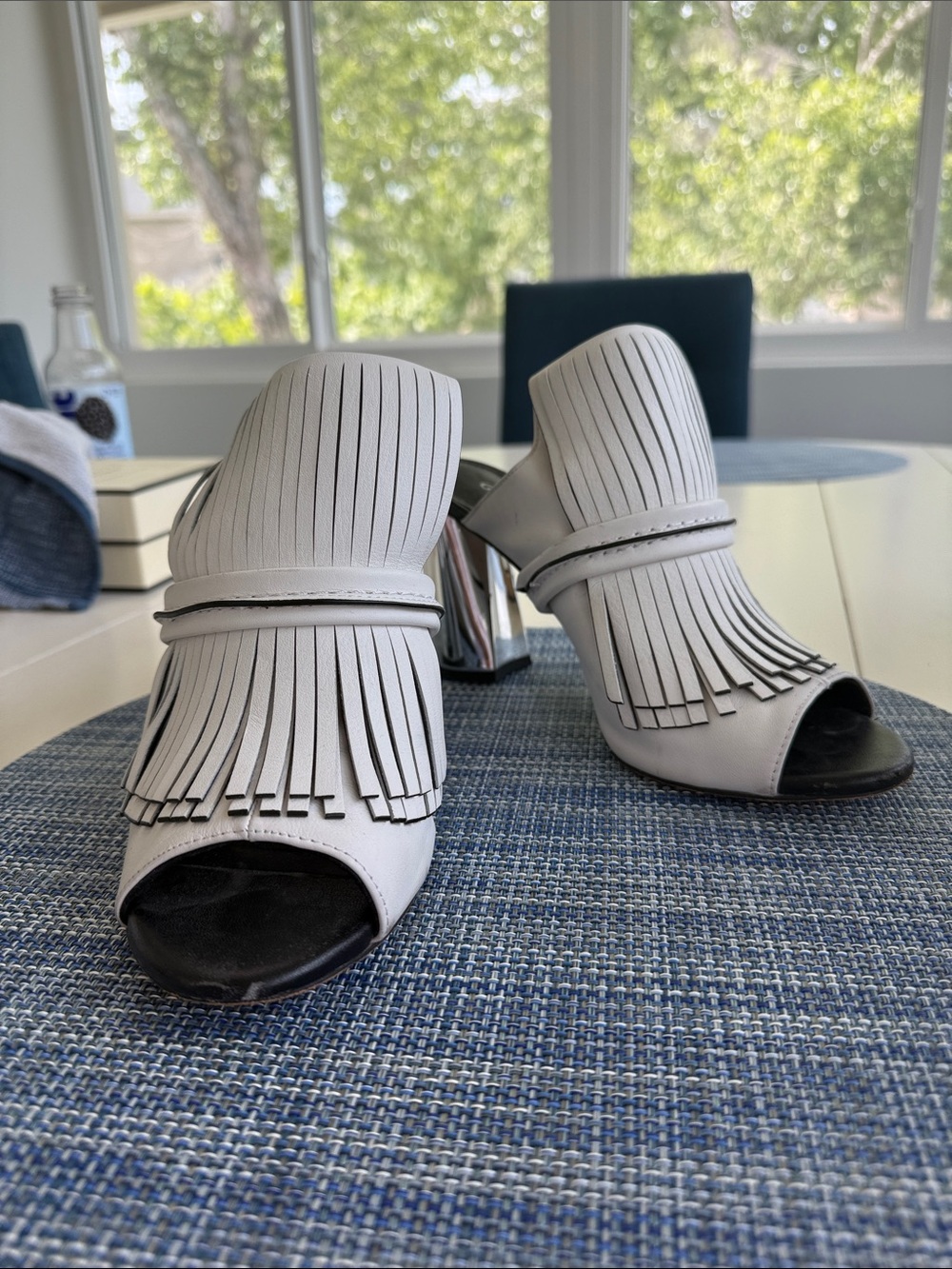 Gianni Bini White Fringe Peep-Toe Block Heel Mules